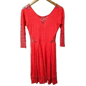 Free People Red Orange To the Point Long Sleeve Lace-Like Dress Size XS